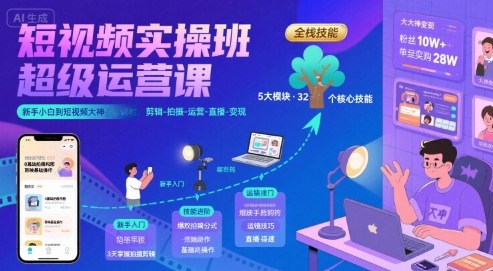 短视频实操班超级运营课,新手小白到短视频大神必修课程,剪辑-拍摄-运营-直播-变现插图 短视频实操班超级运营课,新手小白到短视频大神必修课程,剪辑-拍摄-运营-直播-变现