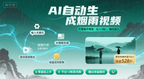 不用拍不用剪!AI自动生成烟雨视频,日入5张+,睡后收入插图 不用拍不用剪!AI自动生成烟雨视频,日入5张+,睡后收入